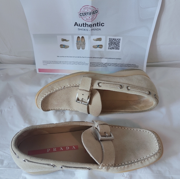 Vintage Prada Women's Beige Suede Buckle Moccasin Shoes w/ COA -Size 35.5/US 5.5 - Picture 11 of 16